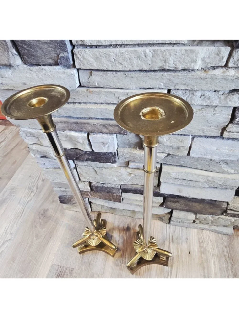 2 Art Nouveau Large Candlesticks Candle Holders Two Tone Brass & Silver 22